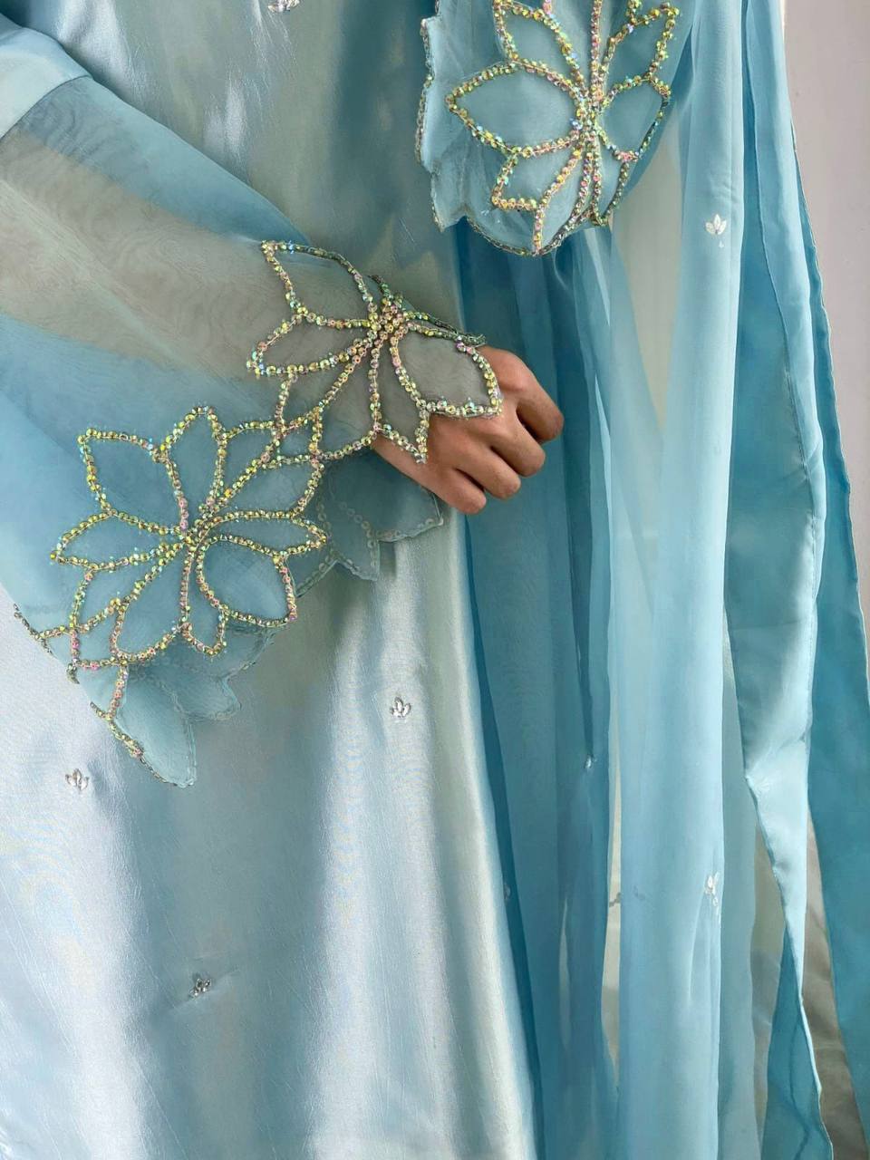Designer 3-Piece Suit in Moss Satin with Beads & Sequin Work and Organza Dupatta