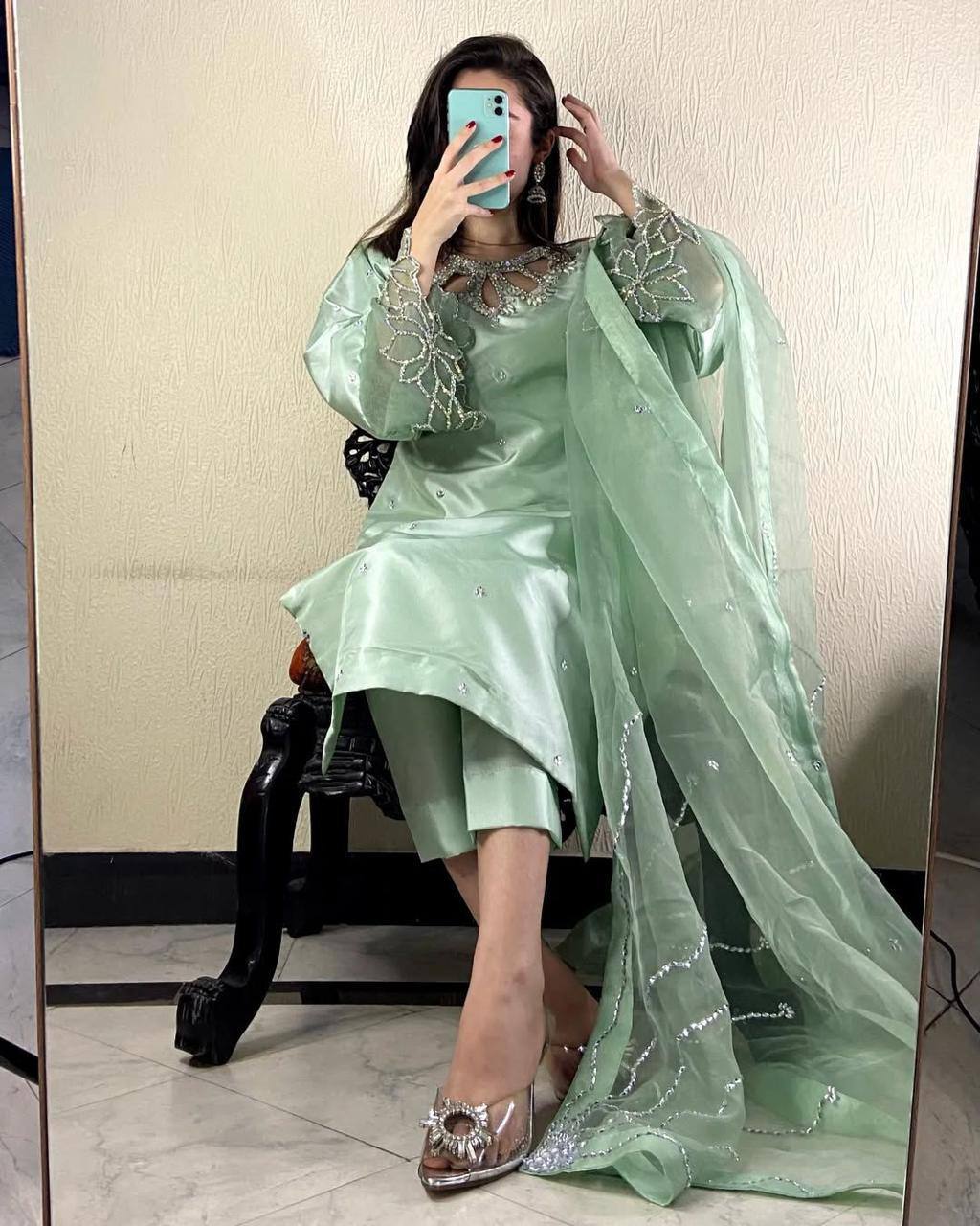 Designer 3-Piece Suit in Moss Satin with Beads & Sequin Work and Organza Dupatta