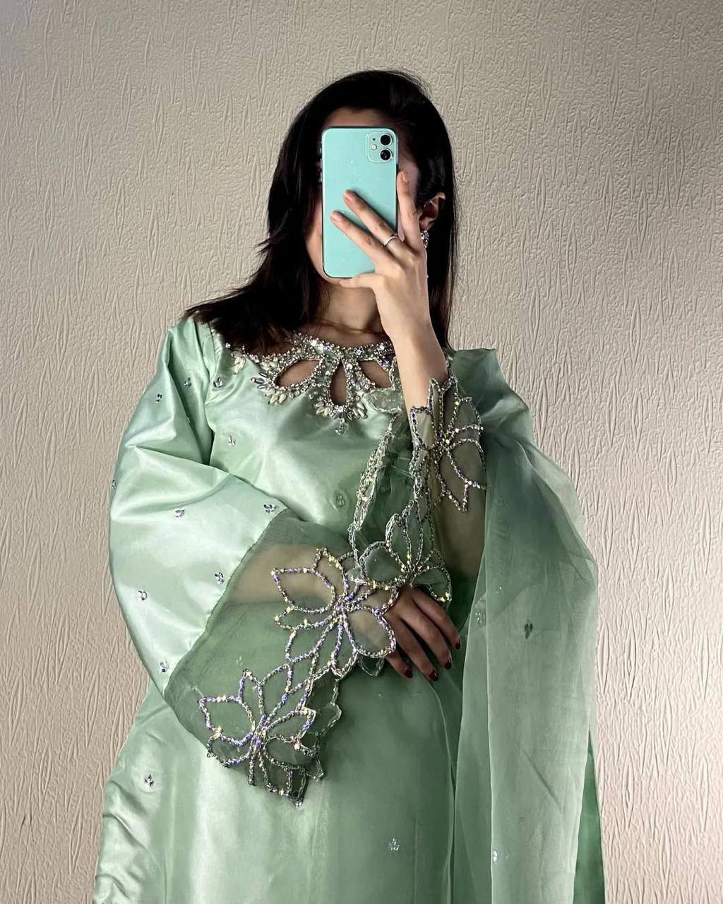 Designer 3-Piece Suit in Moss Satin with Beads & Sequin Work and Organza Dupatta