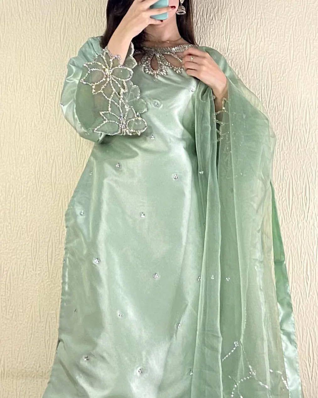 Designer 3-Piece Suit in Moss Satin with Beads & Sequin Work and Organza Dupatta