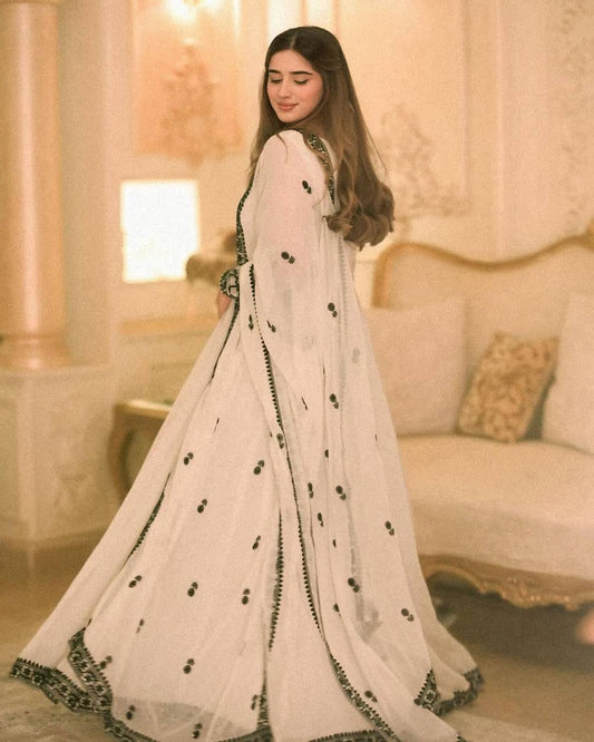Premium Collection White Full Flair Embroidered Georgette Gown Paired with Designer Dupatta