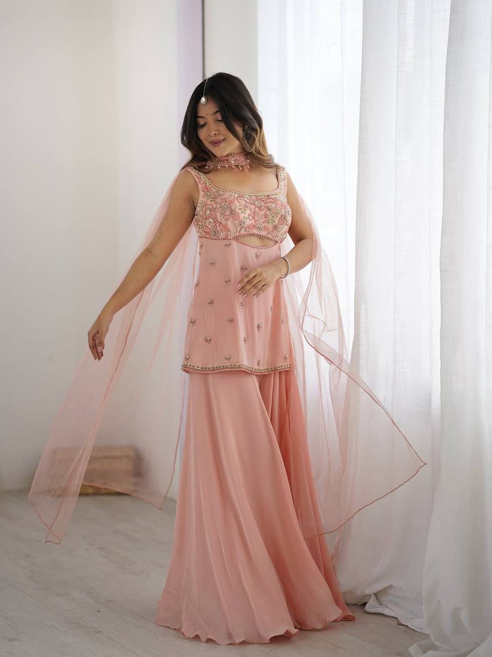 Exclusive Indo-Western Party Wear Set in Georgette with Sequence Embroidery and Silver Latkan Accents