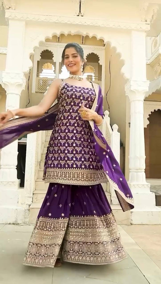 Fully Stitched Purple Faux Georgette Sharara and Dupatta Set with Thread and Sequin Embroidery