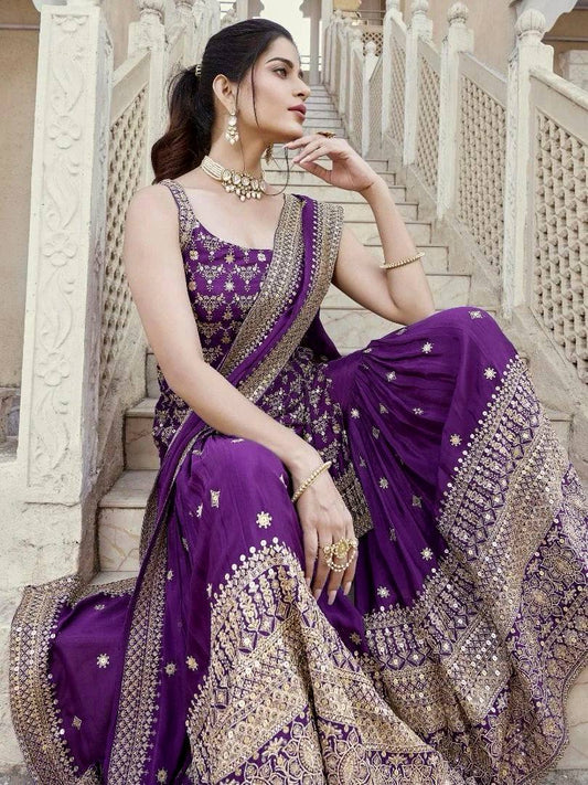 Fully Stitched Purple Faux Georgette Sharara and Dupatta Set with Thread and Sequin Embroidery