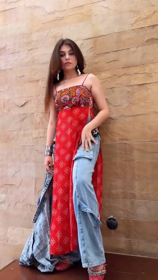 Embroidered Faux Georgette Kurti with Real Mirror Work, Dual Side Dori, and Padded Design