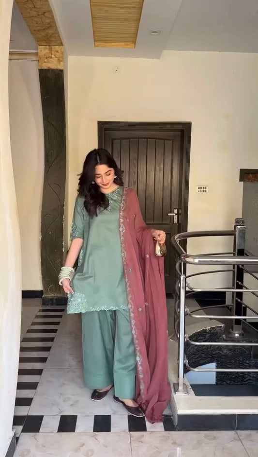 Three-Piece Farshi Salwar Suit in Natural Crepe with Embroidered Top and Faux Georgette Dupatta