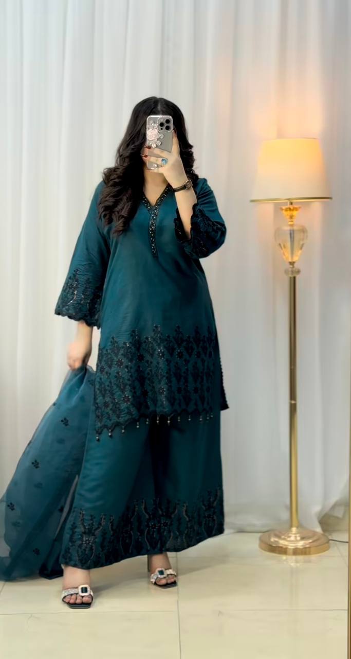 Designer Outfit in Vichitra Silk Featuring Full Sleeve Embroidered Top and Coordinated Bottom
