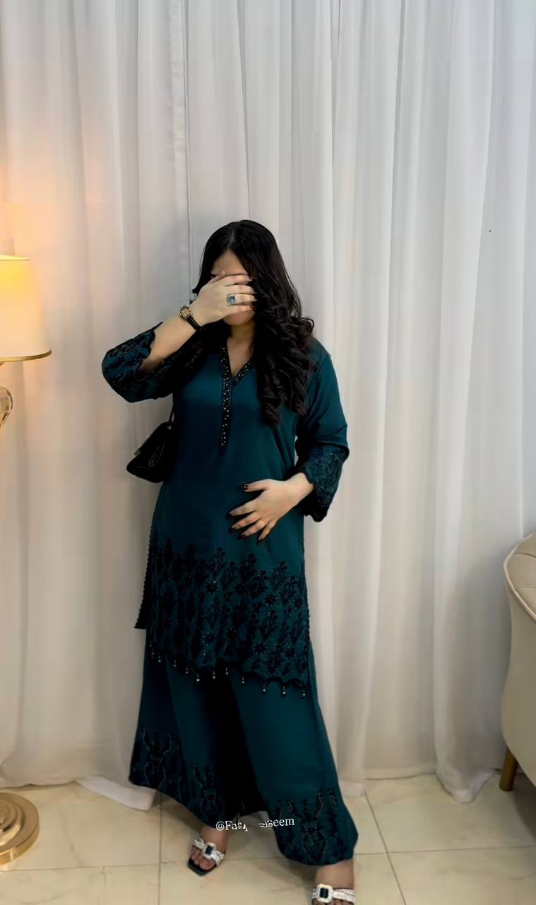 Designer Outfit in Vichitra Silk Featuring Full Sleeve Embroidered Top and Coordinated Bottom