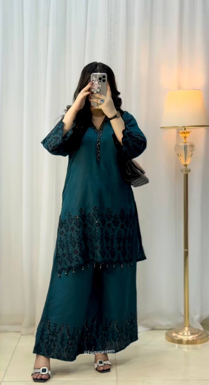 Designer Outfit in Vichitra Silk Featuring Full Sleeve Embroidered Top and Coordinated Bottom
