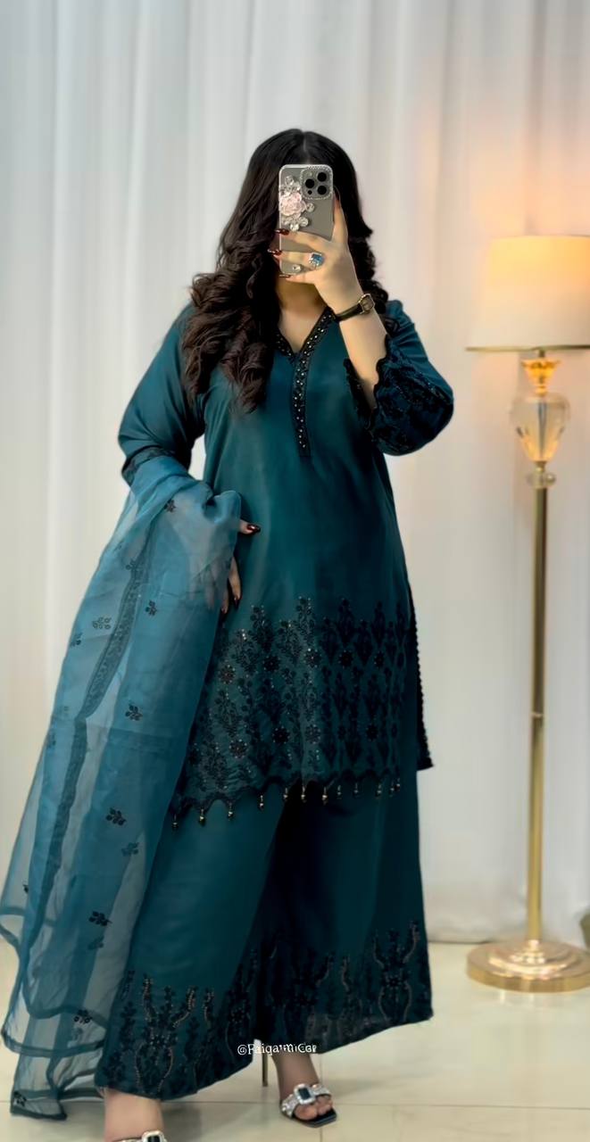 Designer Outfit in Vichitra Silk Featuring Full Sleeve Embroidered Top and Coordinated Bottom