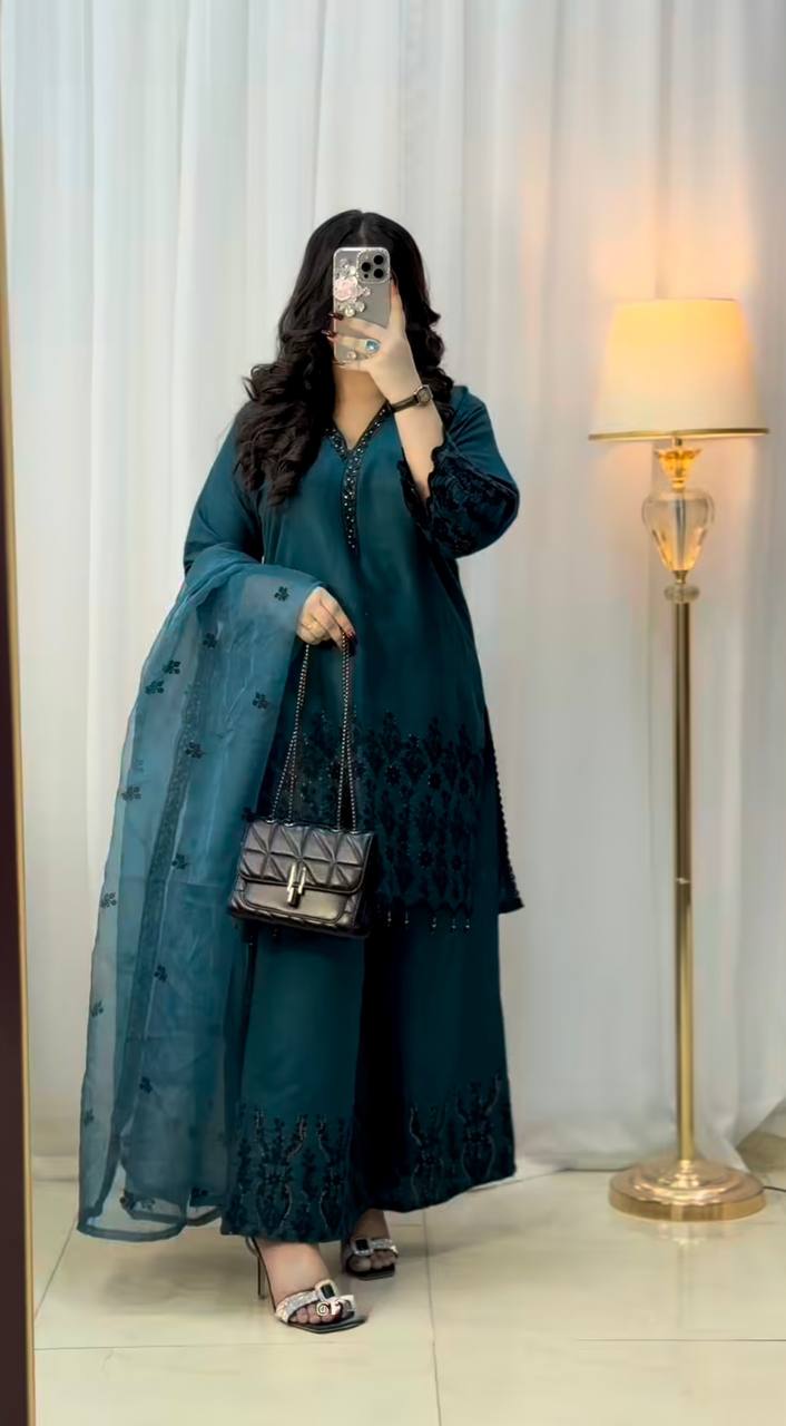 Designer Outfit in Vichitra Silk Featuring Full Sleeve Embroidered Top and Coordinated Bottom