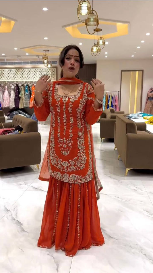 Fully Stitched Designer Sharara Suit in Georgette with Sequin Embellishment