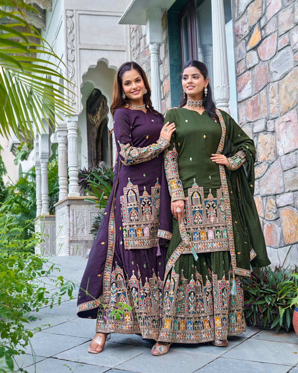 Elegant Pure Chinnon Silk Kurti Plazzo and Dupatta Set with Coding Dori and Sequence Work