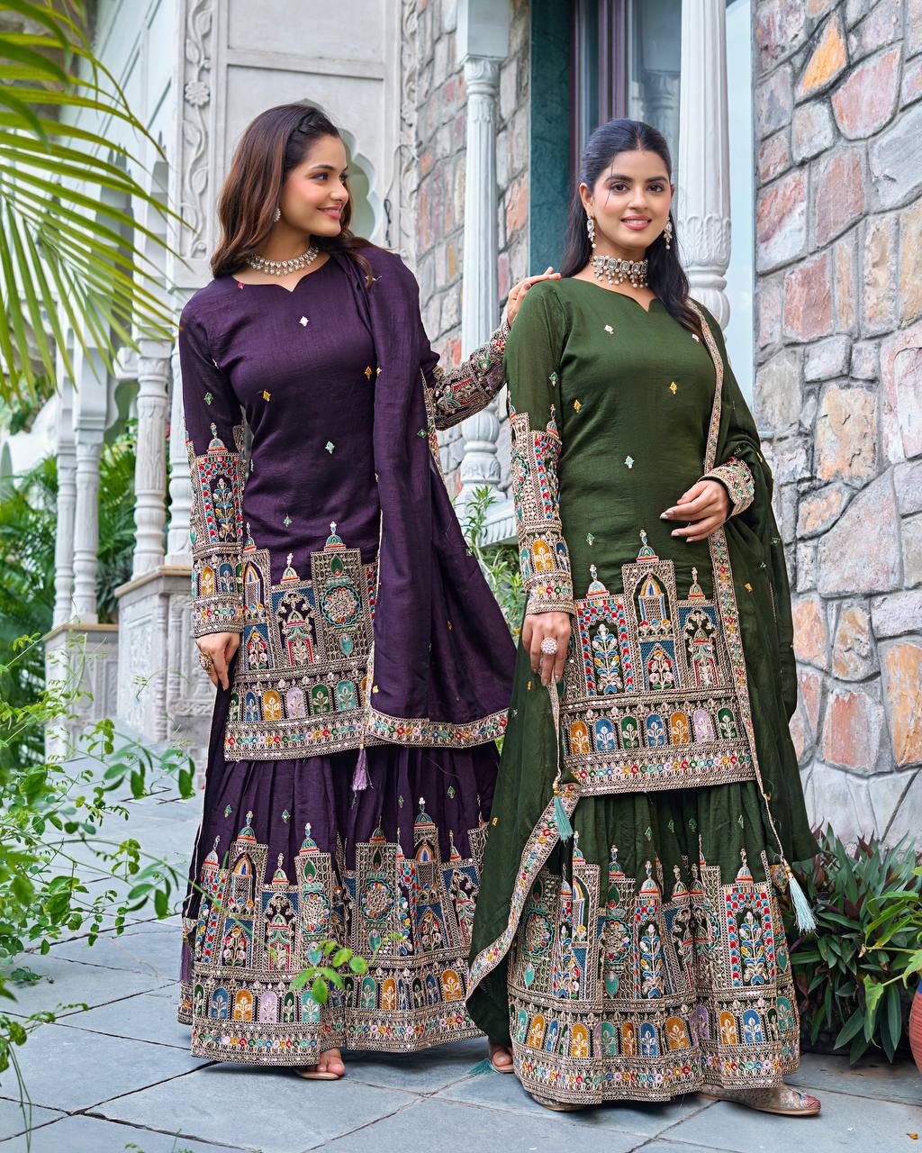 Elegant Pure Chinnon Silk Kurti Plazzo and Dupatta Set with Coding Dori and Sequence Work