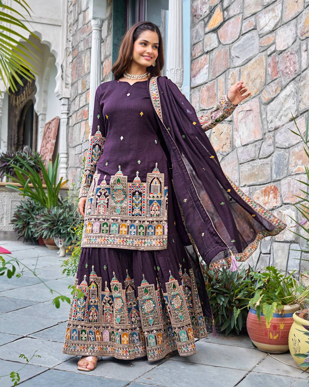 Elegant Pure Chinnon Silk Kurti Plazzo and Dupatta Set with Coding Dori and Sequence Work