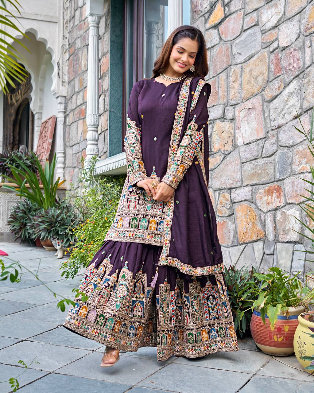 Elegant Pure Chinnon Silk Kurti Plazzo and Dupatta Set with Coding Dori and Sequence Work