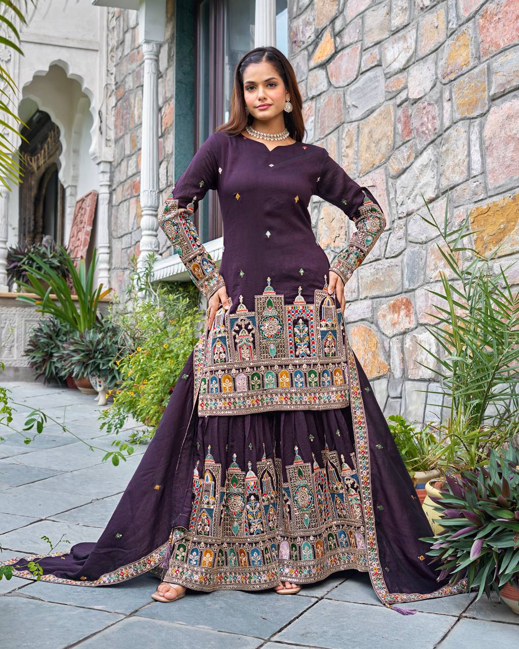 Elegant Pure Chinnon Silk Kurti Plazzo and Dupatta Set with Coding Dori and Sequence Work