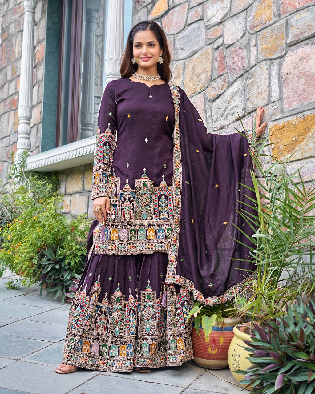 Elegant Pure Chinnon Silk Kurti Plazzo and Dupatta Set with Coding Dori and Sequence Work