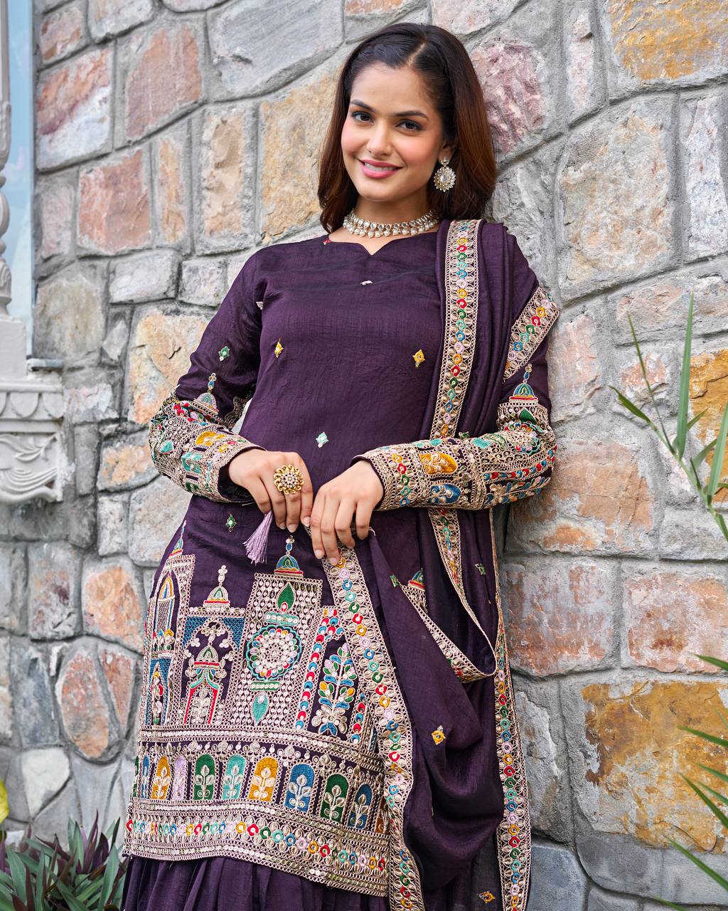 Elegant Pure Chinnon Silk Kurti Plazzo and Dupatta Set with Coding Dori and Sequence Work