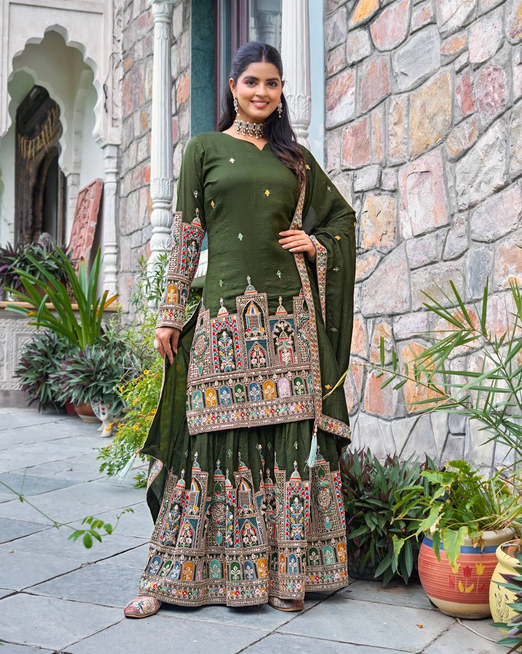 Elegant Pure Chinnon Silk Kurti Plazzo and Dupatta Set with Coding Dori and Sequence Work