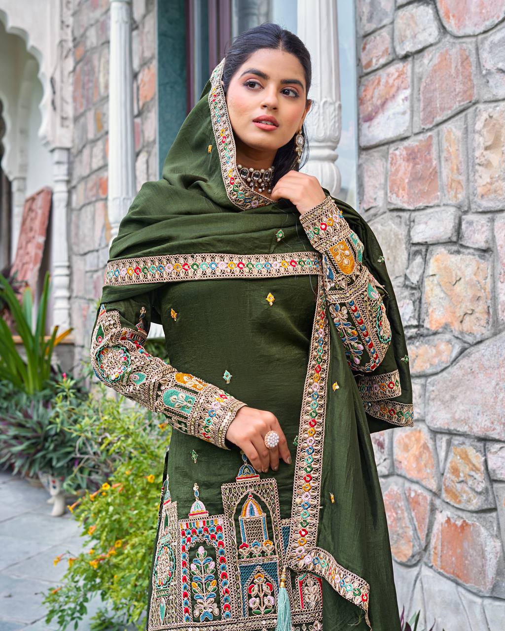 Elegant Pure Chinnon Silk Kurti Plazzo and Dupatta Set with Coding Dori and Sequence Work
