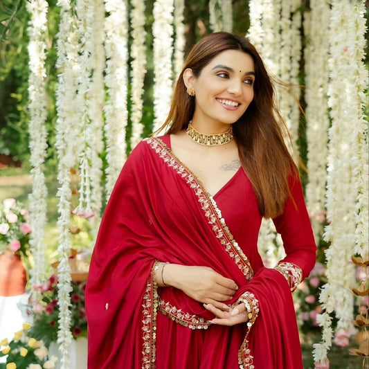 Stylish Roman Silk Anarkali Suit Set with Micro Cotton Pants and Embroidered Dupatta - Jaipuri Vastra