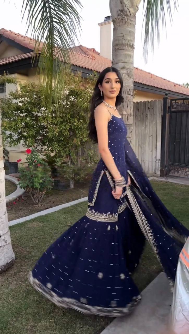 Designer Faux Georgette Sharara Suit with Thread Sequin Work and Dupatta Featuring Lace Border