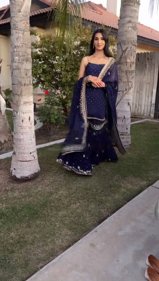 Designer Faux Georgette Sharara Suit with Thread Sequin Work and Dupatta Featuring Lace Border