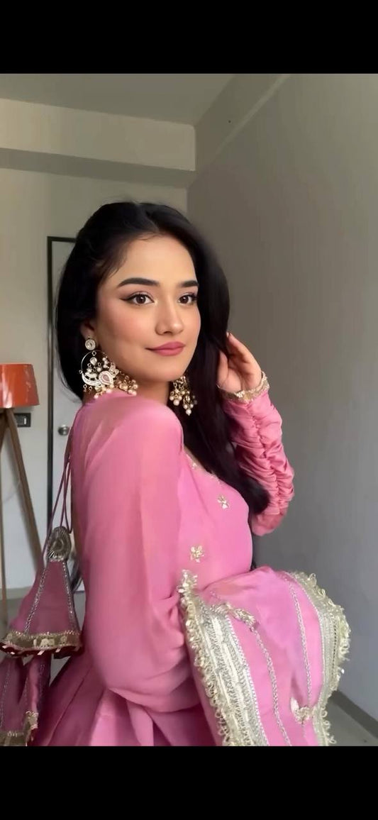 Designer Readymade Anarkali Gown Set with Dori Latkan and Embroidered Dupatta - Jaipuri Vastra