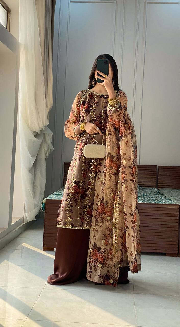 Elegant Faux Georgette Top Plazzo and Dupatta Set Featuring Heavy Embroidery Work