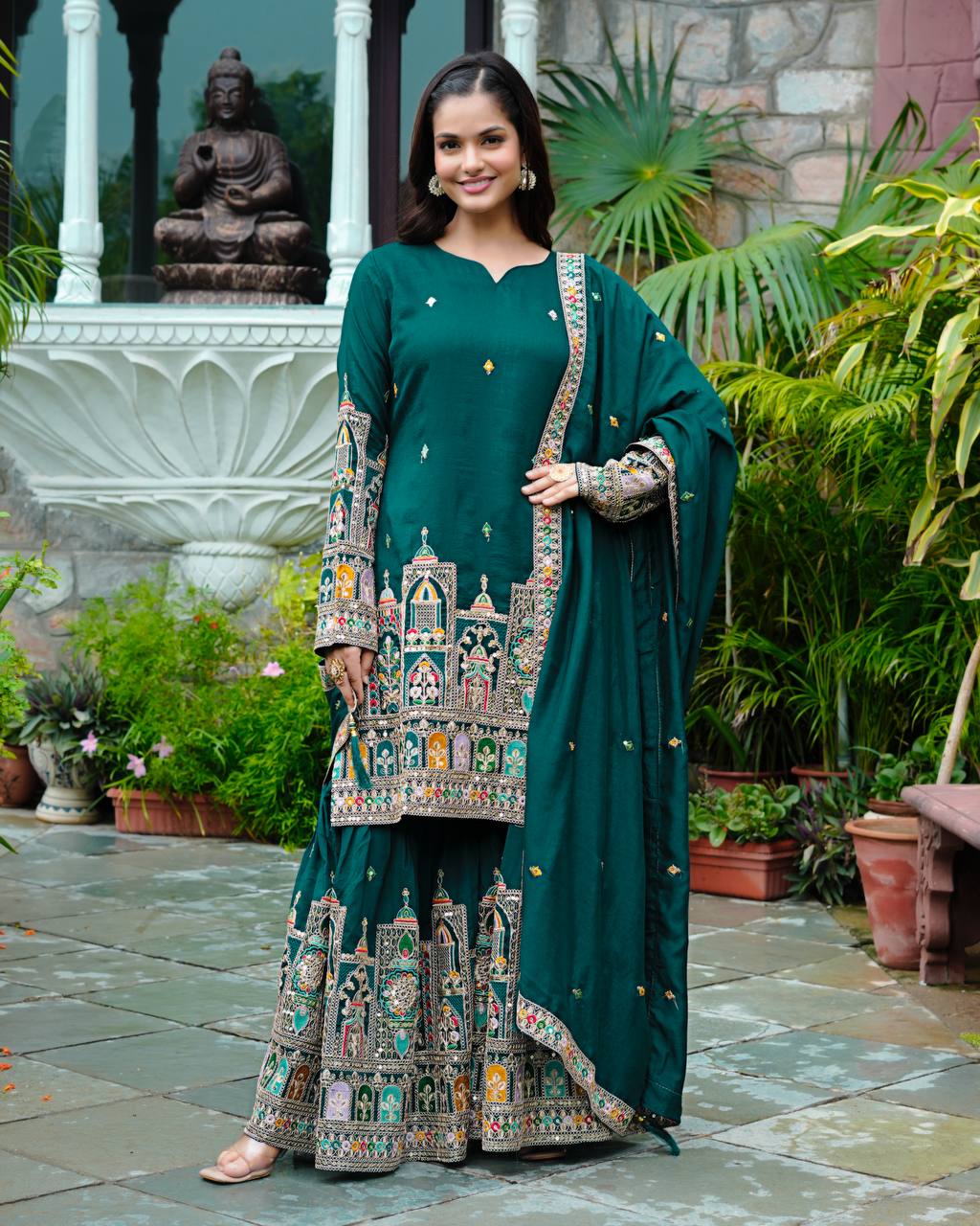 Elegant Pure Chinnon Silk Kurti Plazzo and Dupatta Set with Coding Dori and Sequence Work