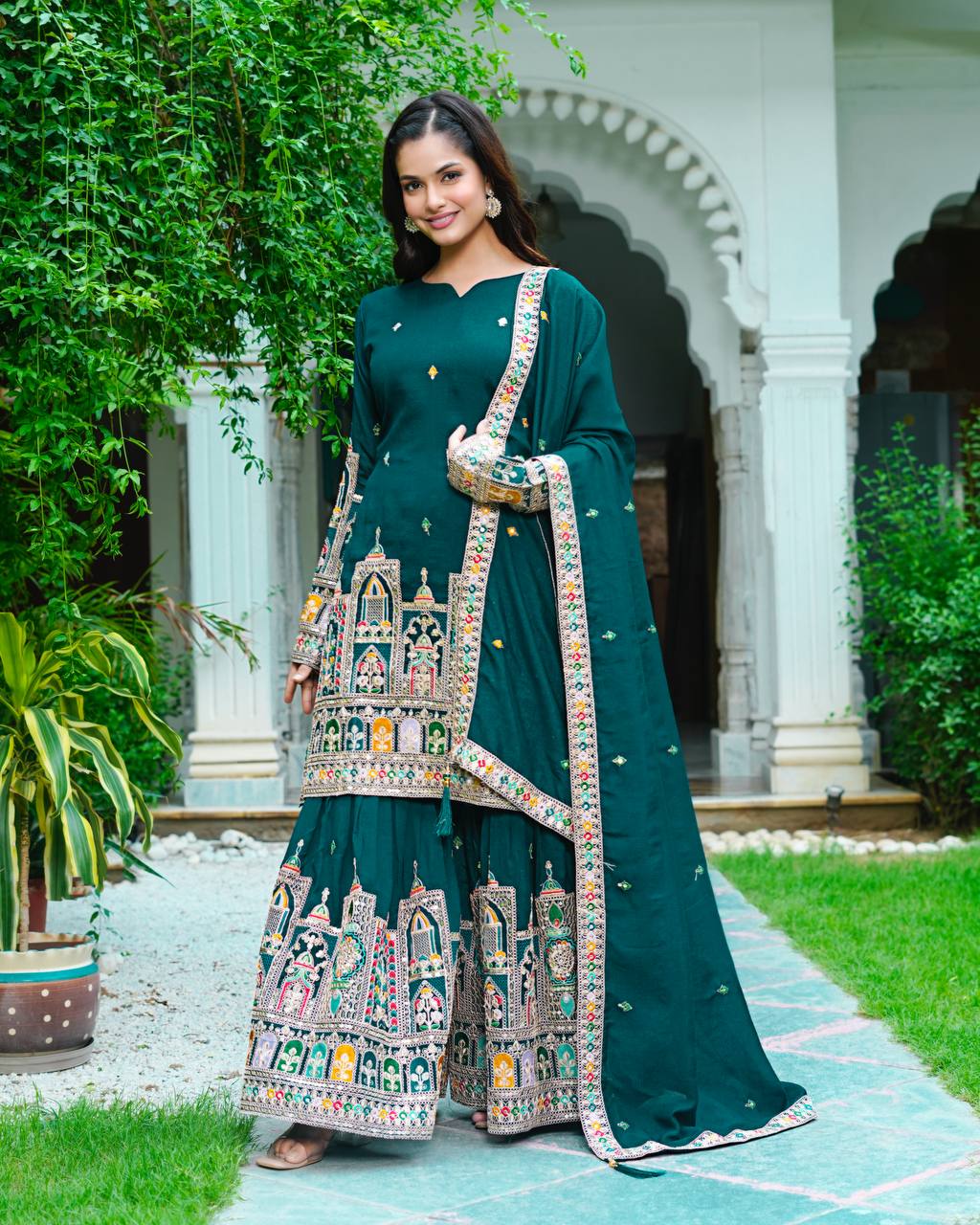 Elegant Pure Chinnon Silk Kurti Plazzo and Dupatta Set with Coding Dori and Sequence Work