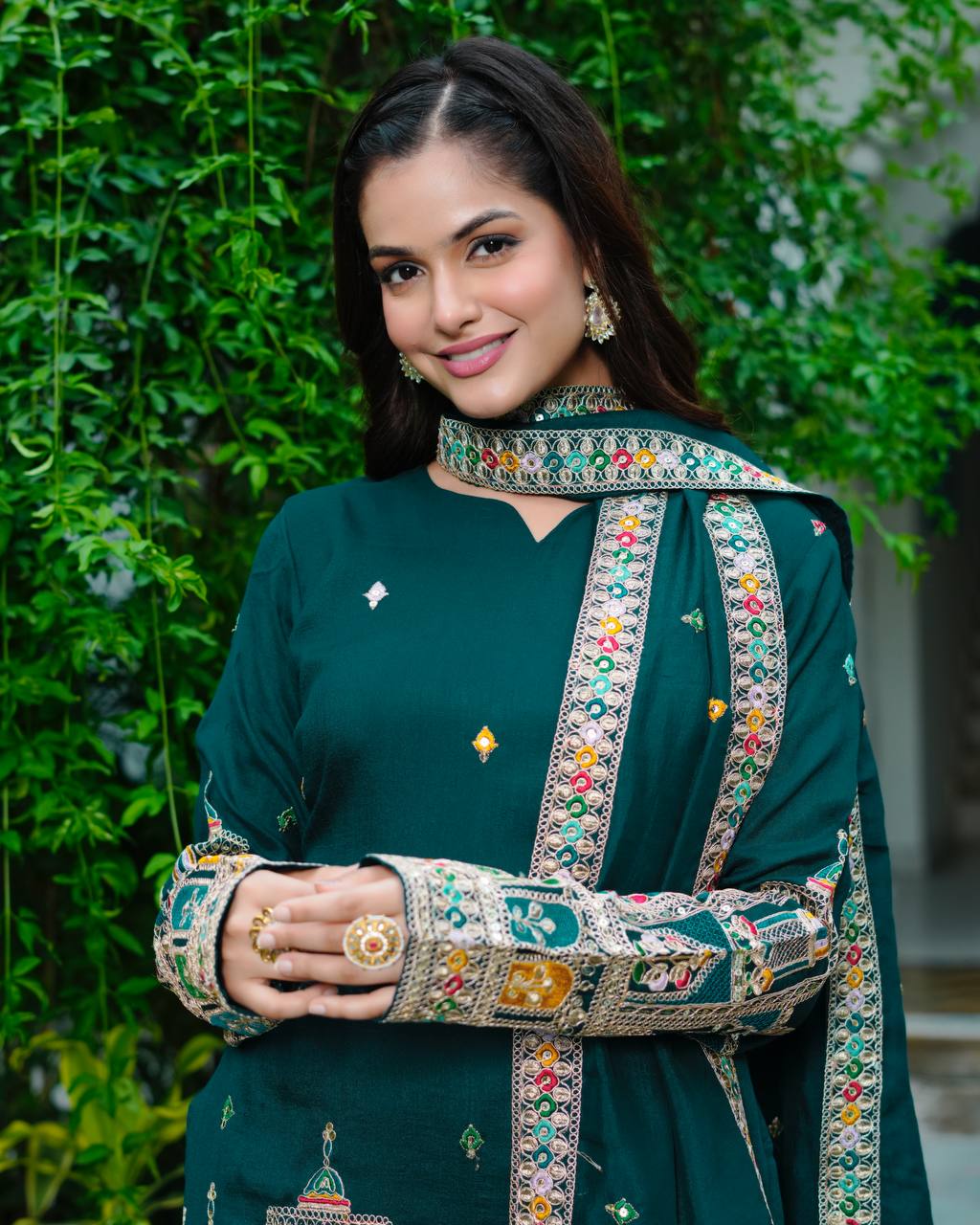 Elegant Pure Chinnon Silk Kurti Plazzo and Dupatta Set with Coding Dori and Sequence Work