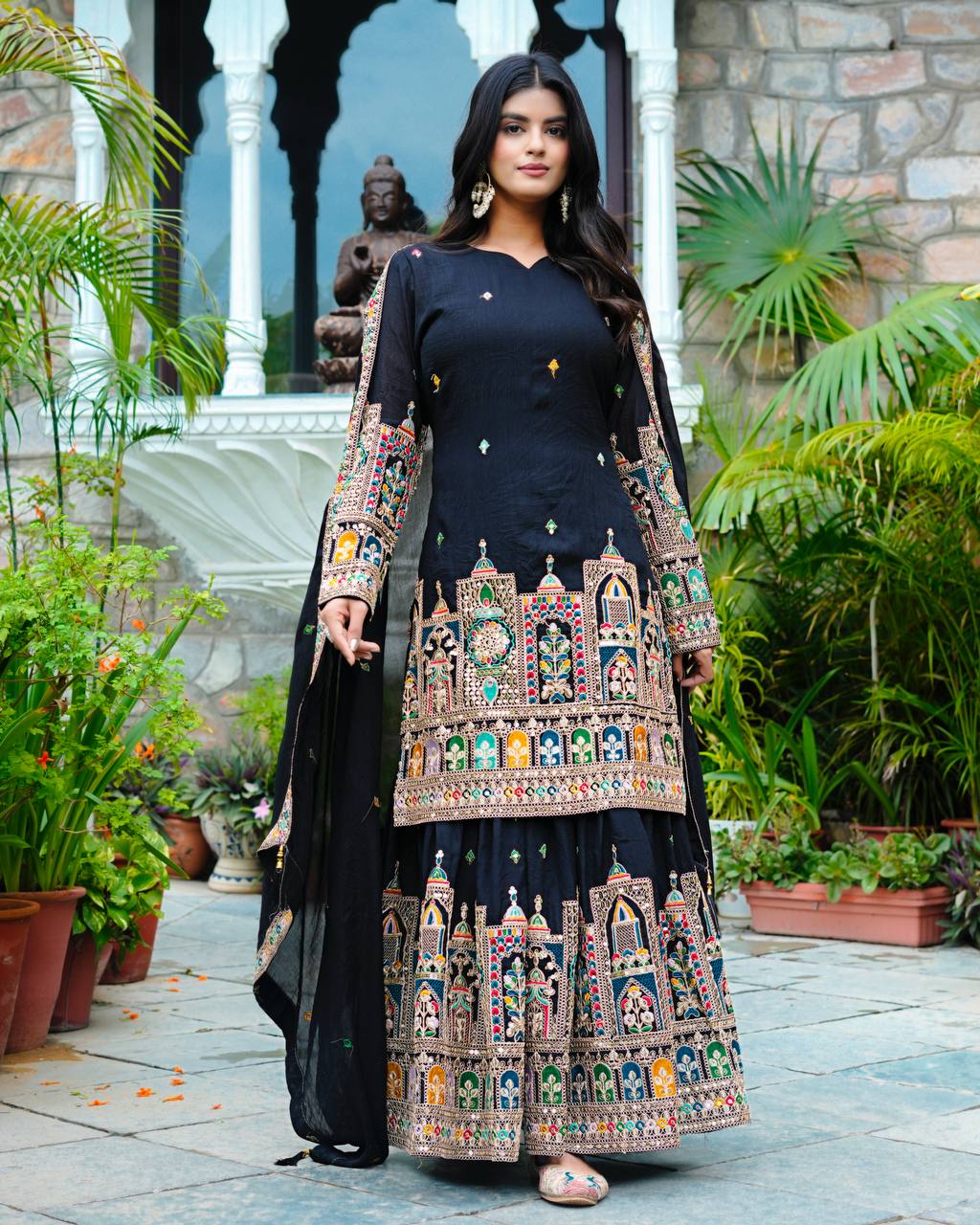 Elegant Pure Chinnon Silk Kurti Plazzo and Dupatta Set with Coding Dori and Sequence Work
