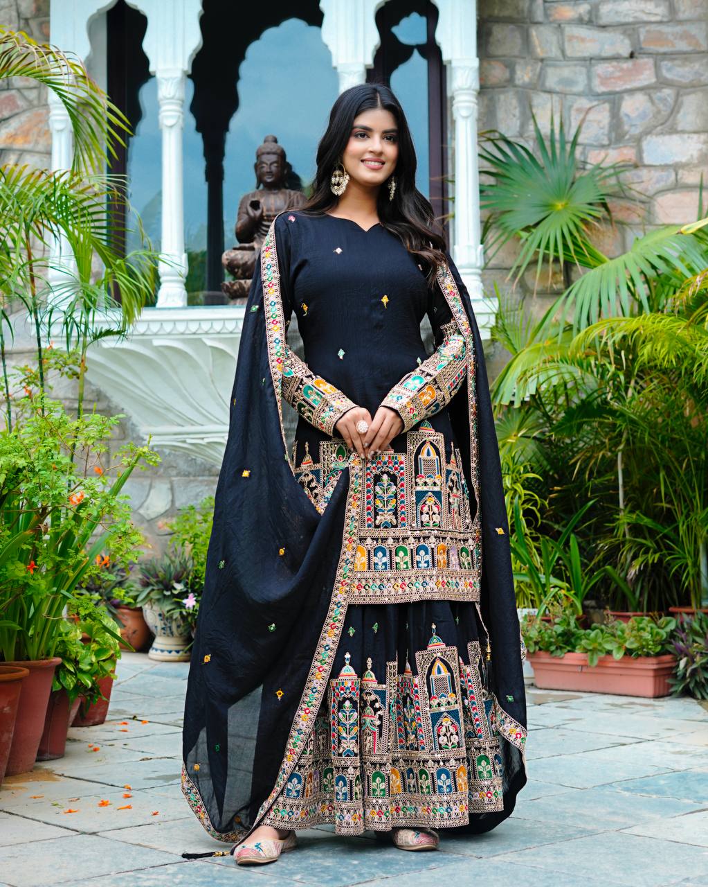 Elegant Pure Chinnon Silk Kurti Plazzo and Dupatta Set with Coding Dori and Sequence Work
