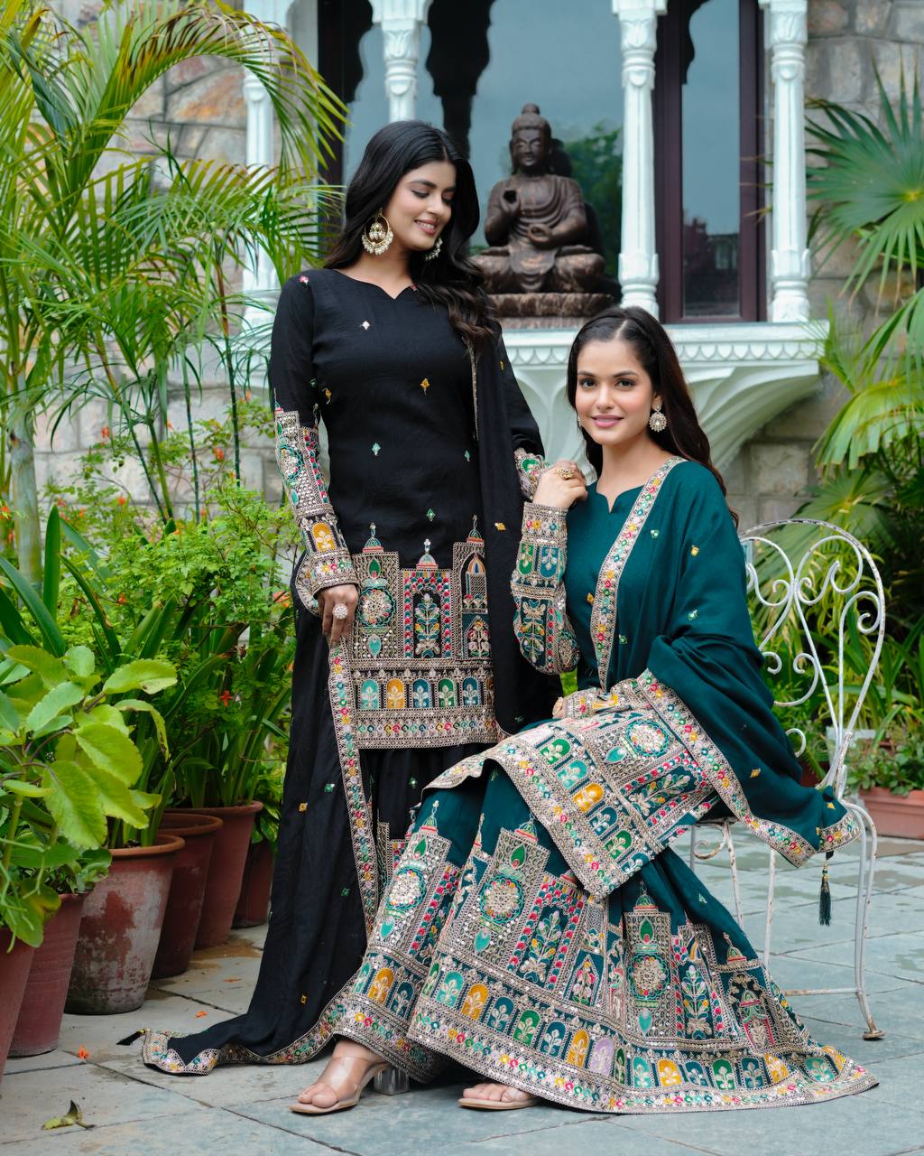 Elegant Pure Chinnon Silk Kurti Plazzo and Dupatta Set with Coding Dori and Sequence Work