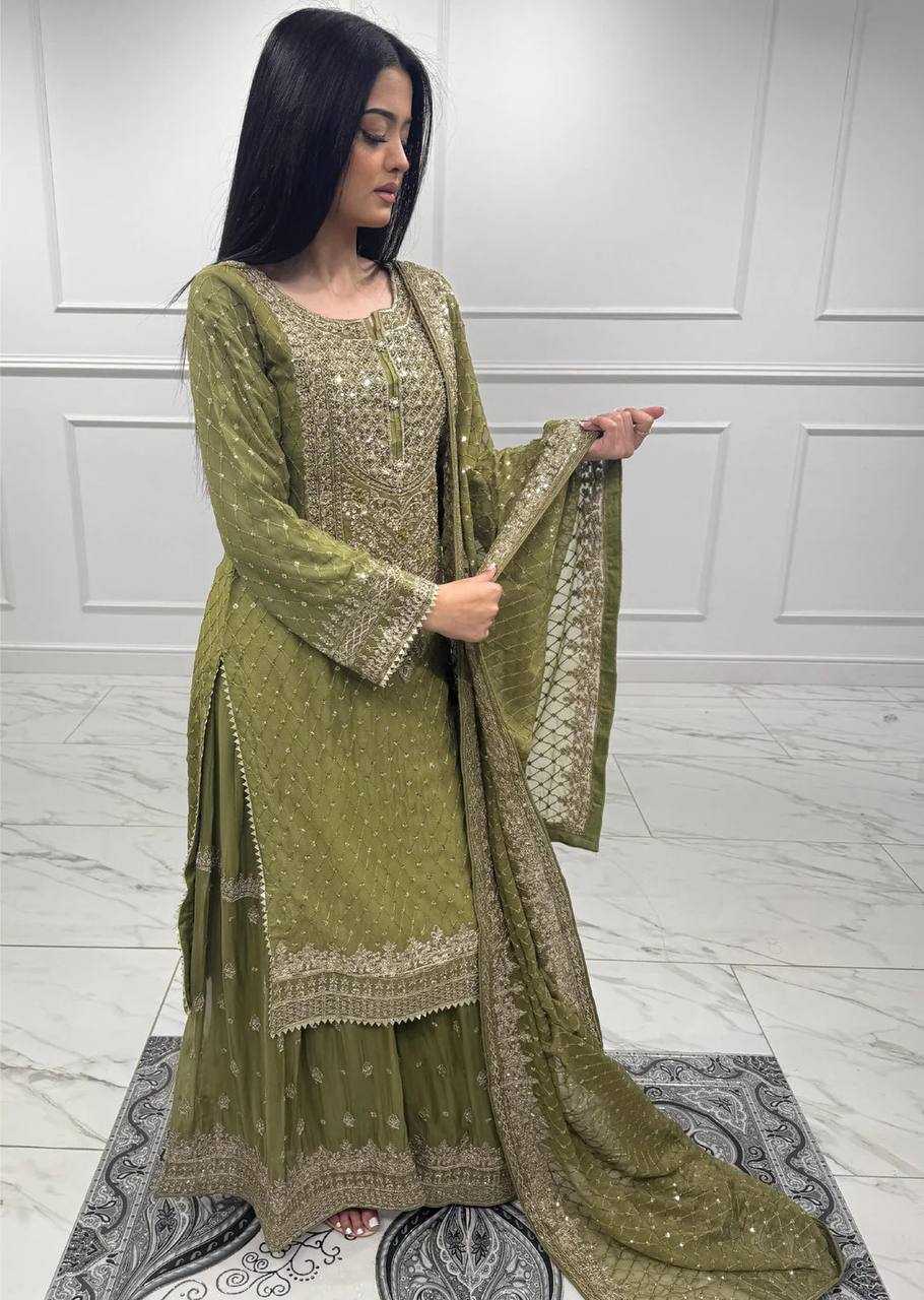 Designer Faux Georgette Sharara Set with Embroidered Thread and Sequin Work and Lace Detailed Dupatta