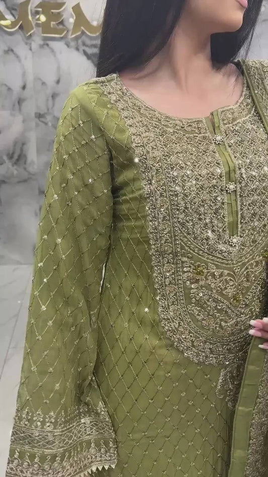 Designer Faux Georgette Sharara Set with Embroidered Thread and Sequin Work and Lace Detailed Dupatta