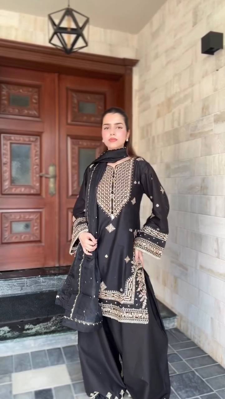 Designer Black Sharara Set in Roman Silk with Thread Sequin Embroidery and Faux Georgette Dupatta