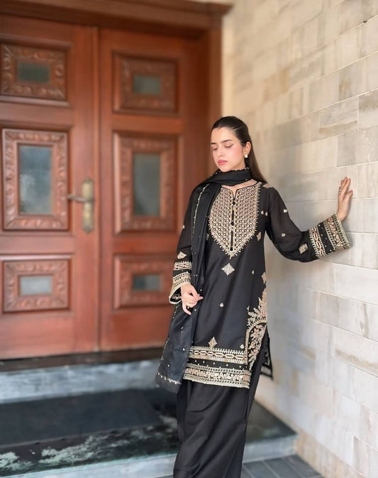 Designer Black Sharara Set in Roman Silk with Thread Sequin Embroidery and Faux Georgette Dupatta