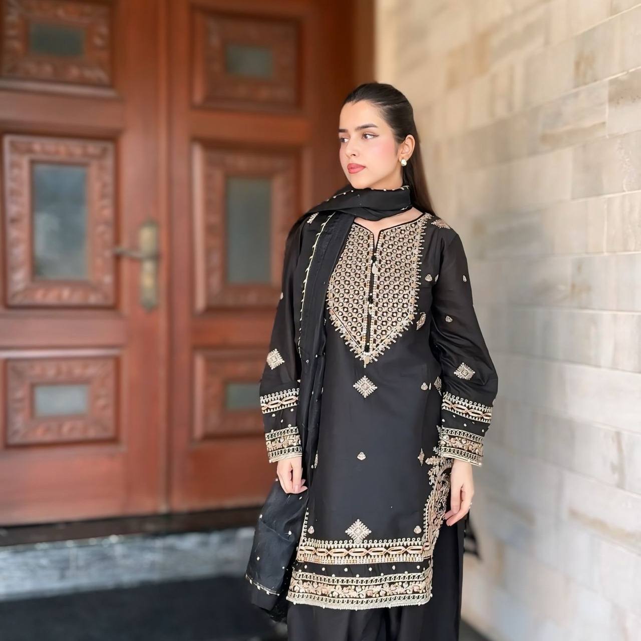 Designer Black Sharara Set in Roman Silk with Thread Sequin Embroidery and Faux Georgette Dupatta