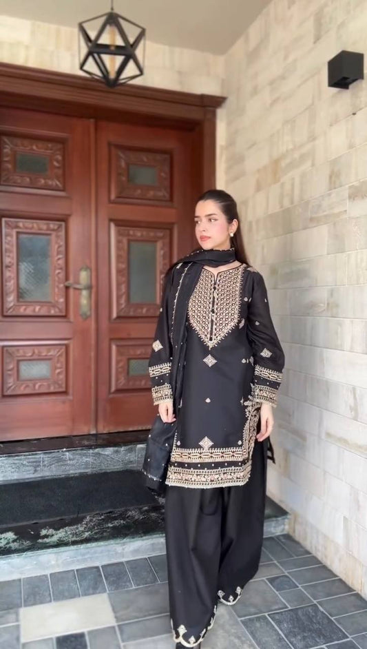 Designer Black Sharara Set in Roman Silk with Thread Sequin Embroidery and Faux Georgette Dupatta