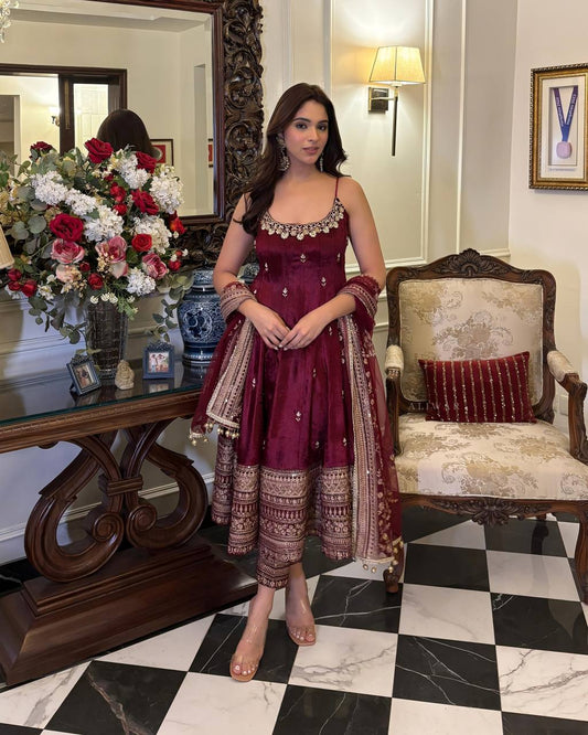 Luxury Maroon Vichitra Silk Anarkali Set with Zari Sequin Work and Decorative Dori Latkan