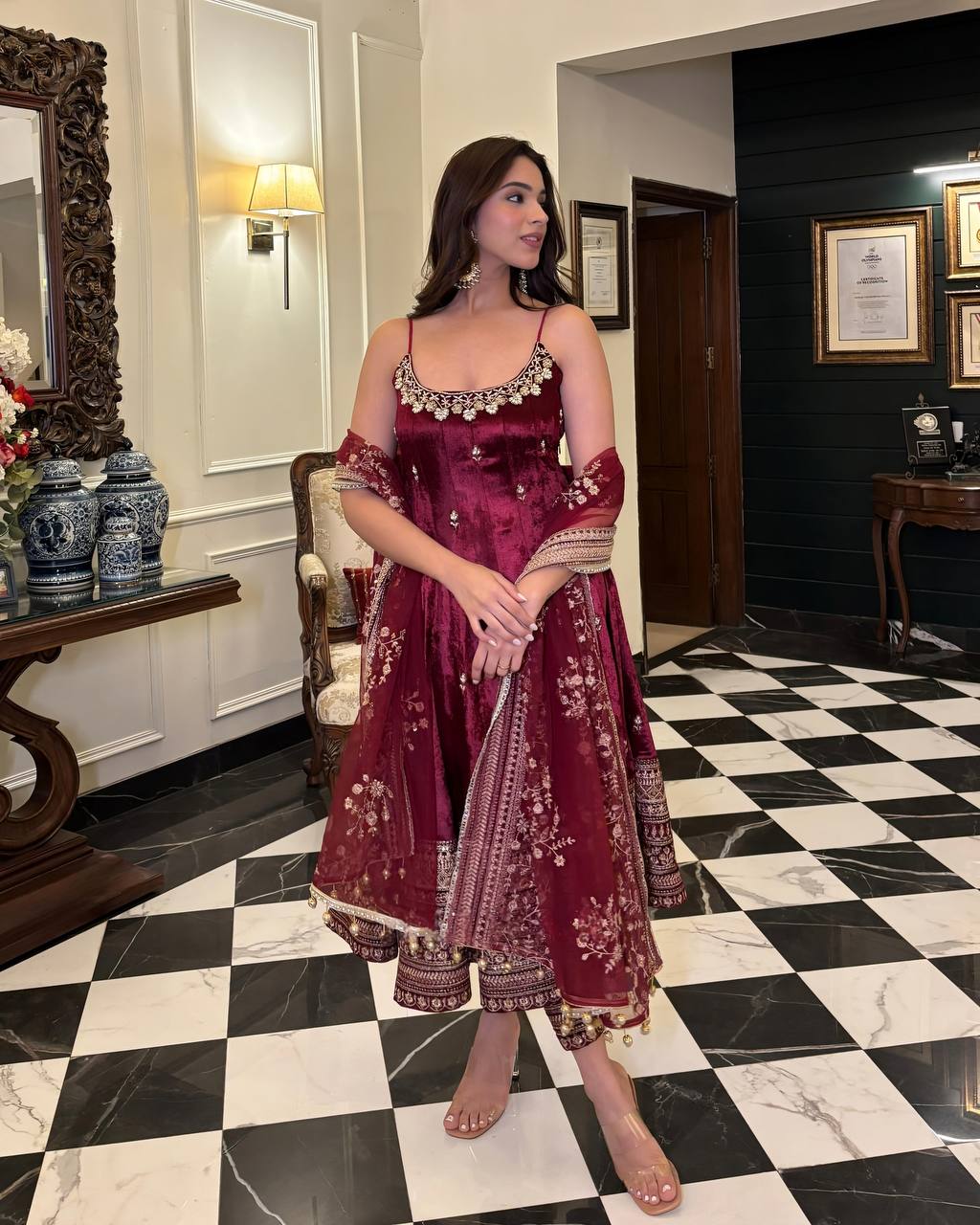 Luxury Maroon Vichitra Silk Anarkali Set with Zari Sequin Work and Decorative Dori Latkan