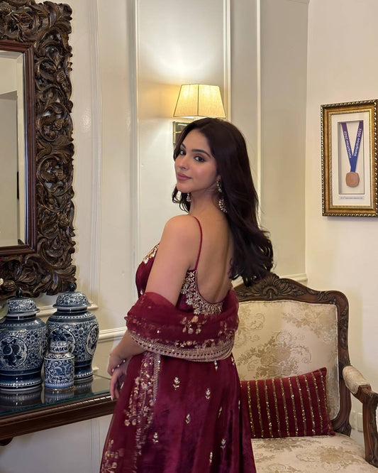 Luxury Maroon Vichitra Silk Anarkali Set with Zari Sequin Work and Decorative Dori Latkan