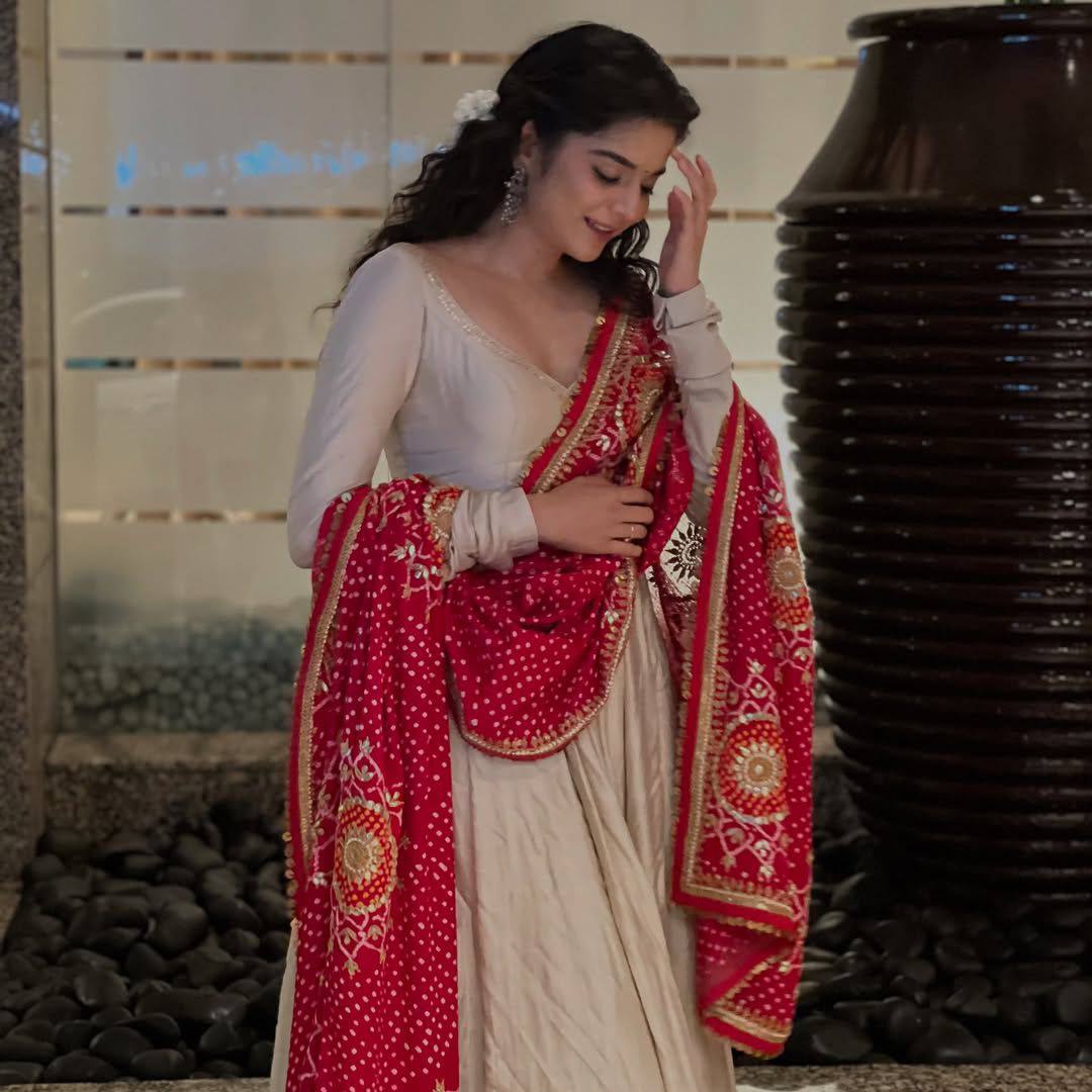 Designer Three-Piece Gown in Chinon with Bandhani Dupatta & Latkan Dori Work