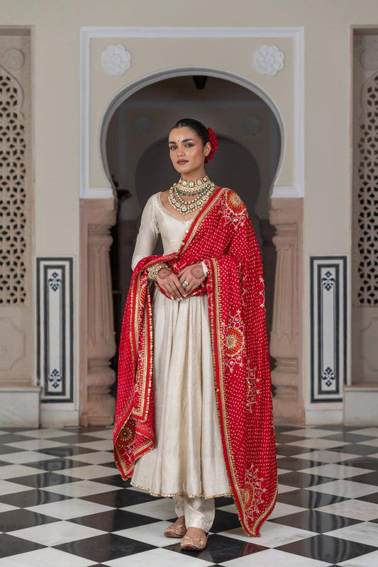 Designer Three-Piece Gown in Chinon with Bandhani Dupatta & Latkan Dori Work