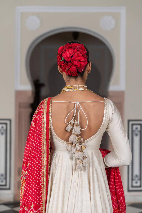 Designer Three-Piece Gown in Chinon with Bandhani Dupatta & Latkan Dori Work