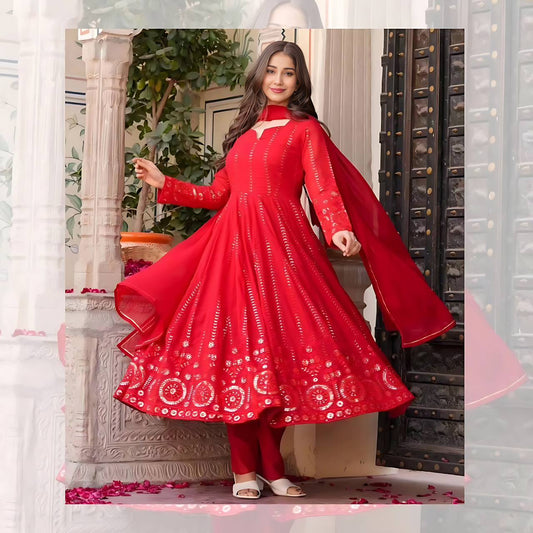 Red Anarkali Suit Set in Faux Georgette with All Over Embroidery and Lace Dupatta