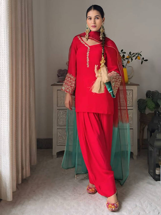 Party Wear Farsi Style Top and Salwar in Heavy Fox Georgette with Embroidered Dupatta